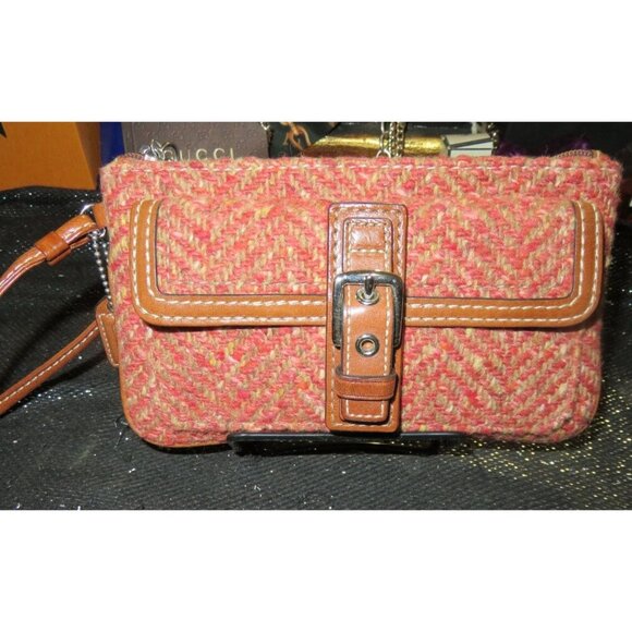 Coach Scaro Hampton Soho Herringbone Camel Leather Rose Tweed Wool Wristlet - Picture 1 of 15